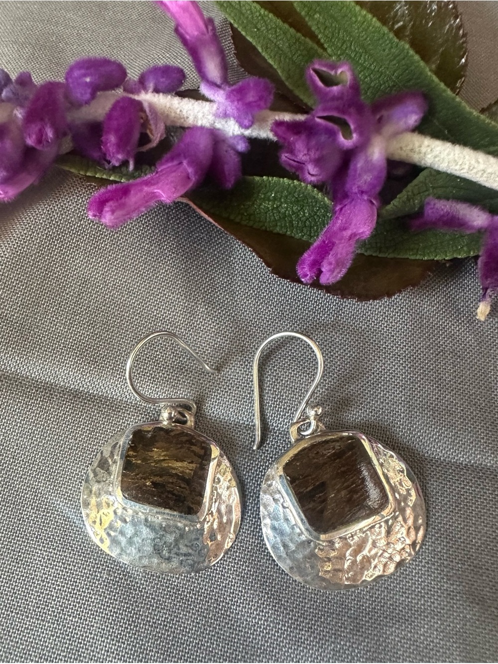Silpada sterling Silver 925 Hammered Drop Earrings with Brown Stone